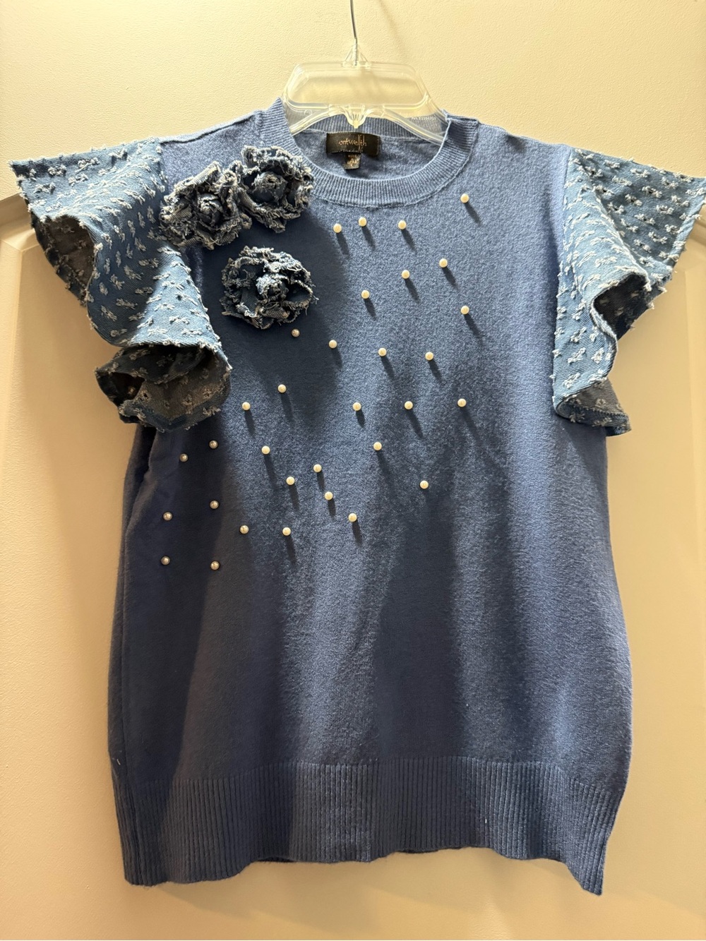 Womens Blue Knit Pearl-Embellished Sweater Top with Ruffle Sleeves